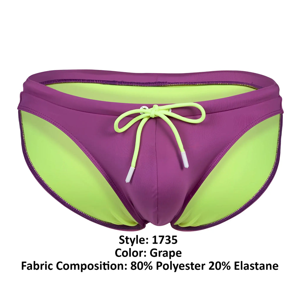 Purple and lime green clever 1735 vivo swim briefs with drawstring waistband for swimming and beachwear