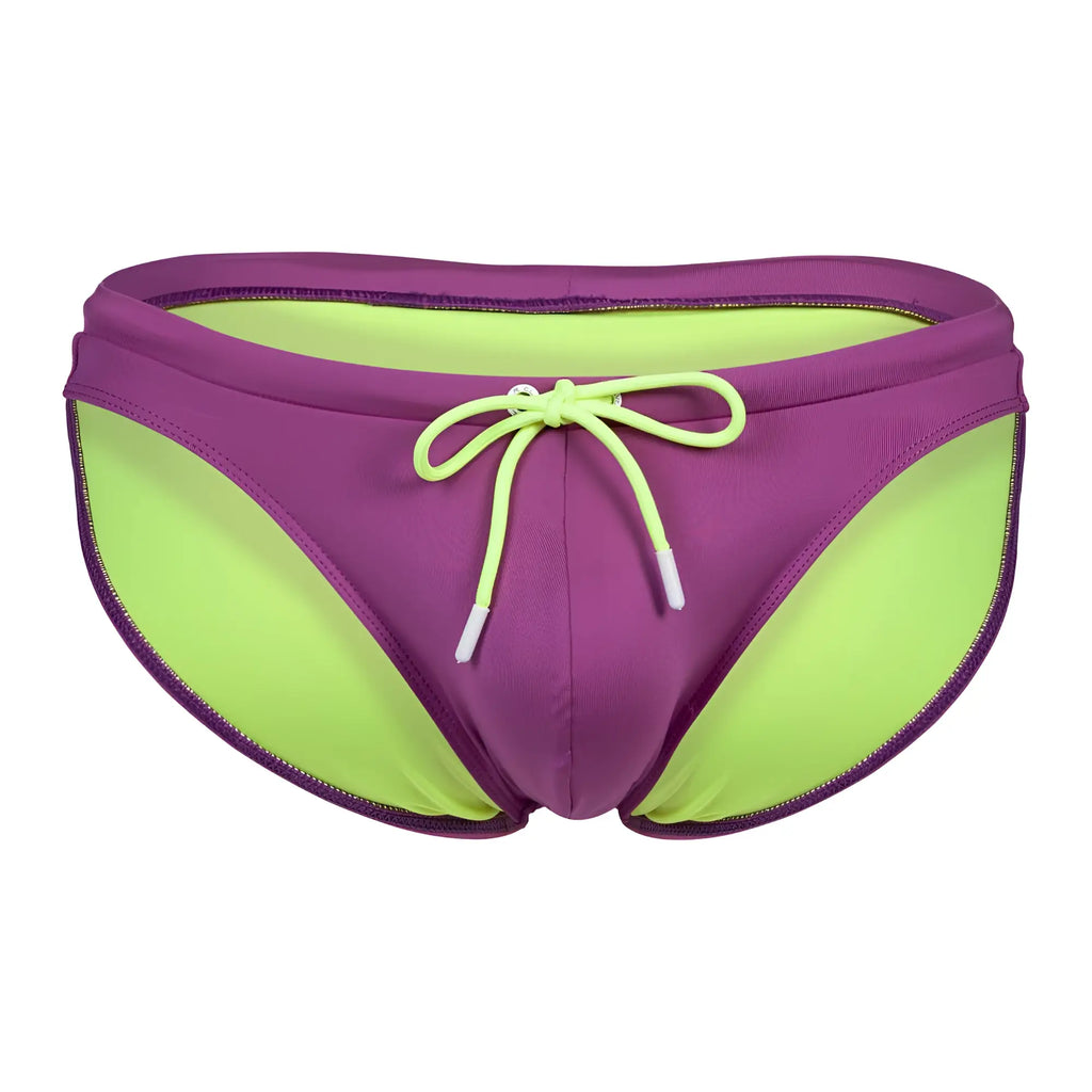 Purple and neon green clever 1735 vivo swim briefs with matching drawstring tie designed for swimming use