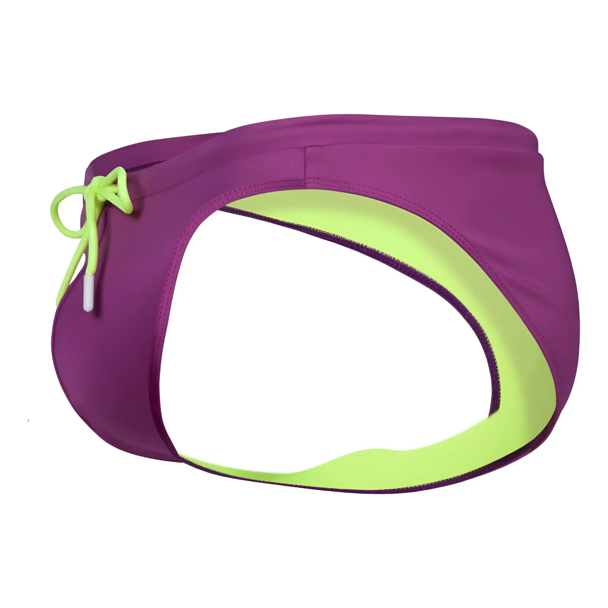 Clever 1735 vivo swim briefs in grape color feature purple and neon green fabric with a drawstring waistband