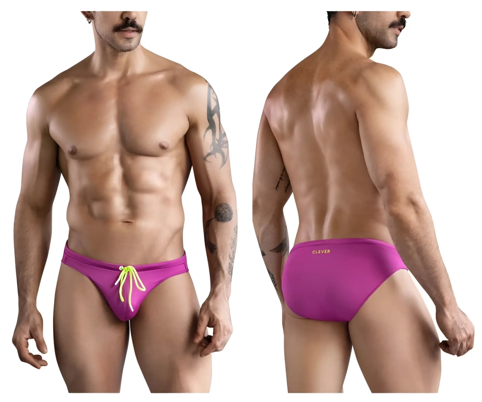 Clever 1735 Vivo swim briefs in vibrant magenta with neon yellow drawstrings and subtle Clever logo on the waistband