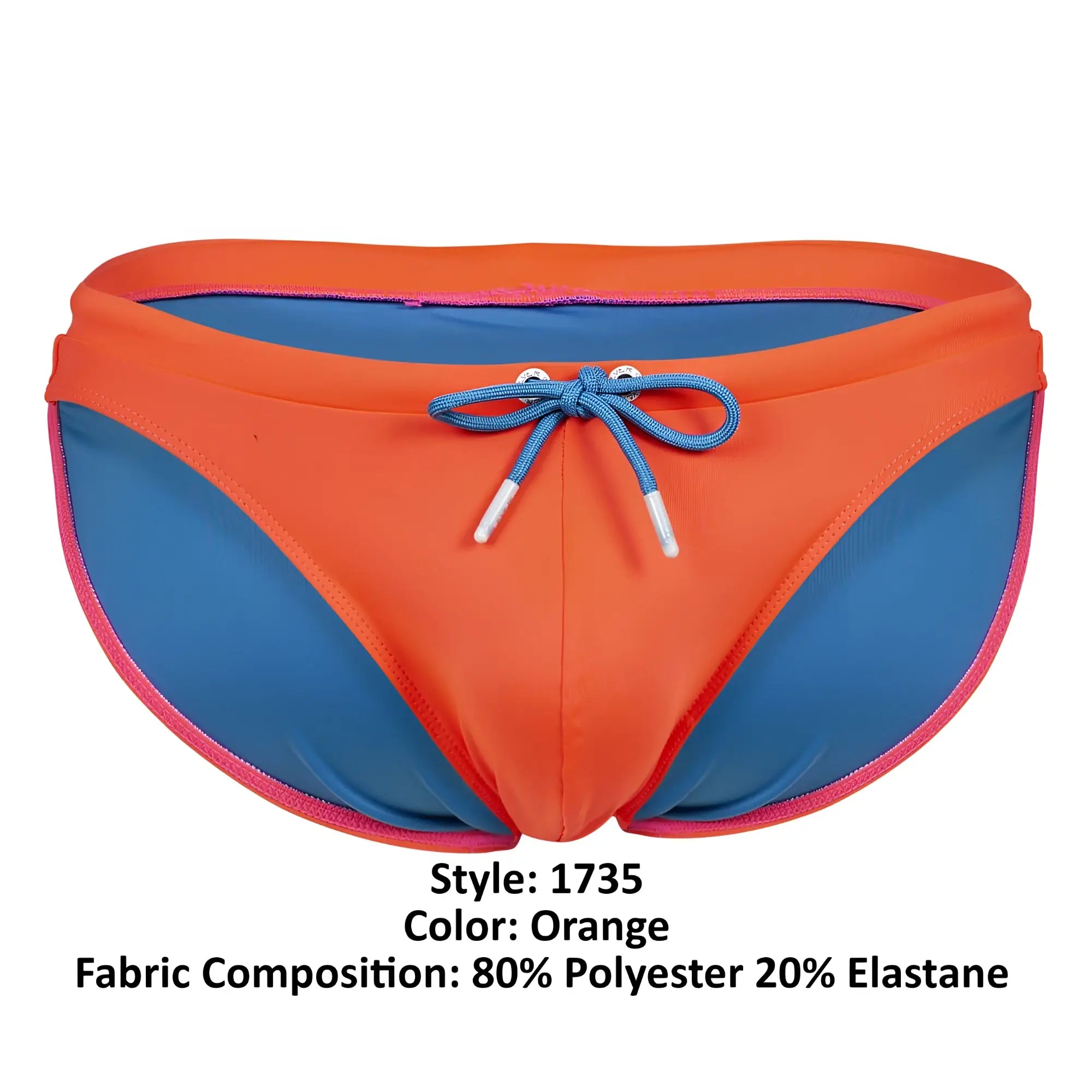 Clever 1735 Vivo swim briefs in vibrant orange and blue with a front drawstring tie for comfortable fit