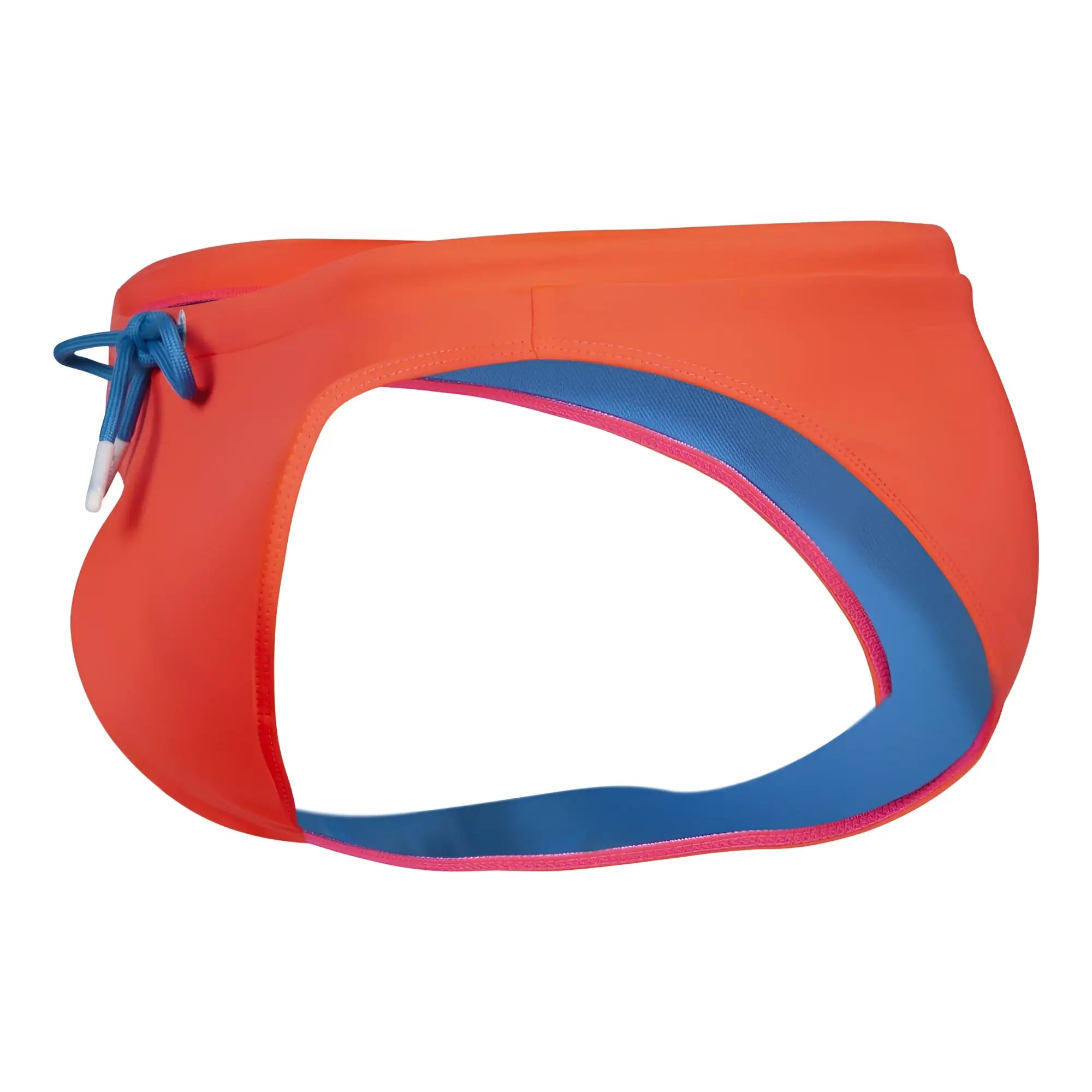 Clever 1735 vivo swim briefs in vibrant orange with bold blue and pink trim and matching blue drawstring for adjustable fit