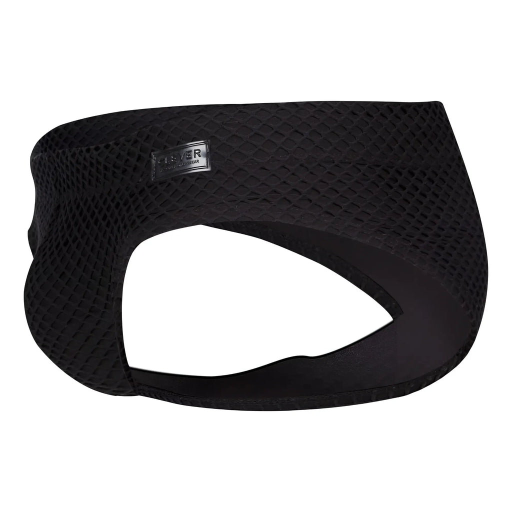 Black clever 1743 island swim briefs with a sleek contoured mesh headband and a small rectangular brand tag