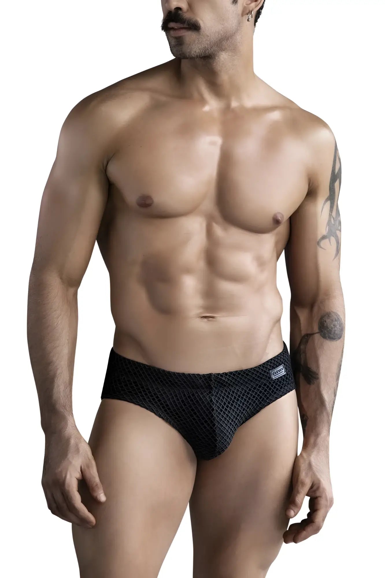 Clever 1743 island swim briefs in black with black mesh fabric and a subtle textured pattern front view