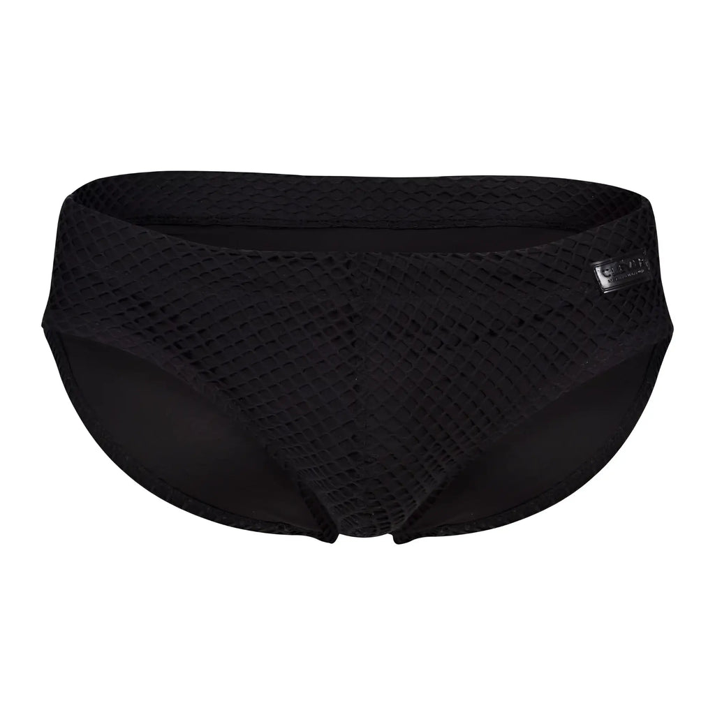 Black clever 1743 island swim briefs featuring a sleek textured mesh pattern and subtle brand tag on the side
