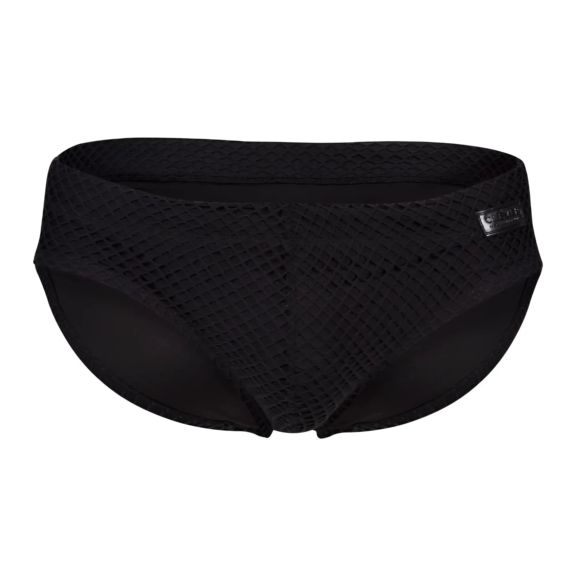 Black clever 1743 island swim briefs featuring a sleek textured mesh pattern and subtle brand tag on the side
