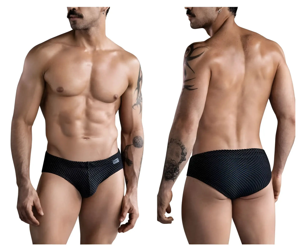 Clever 1743 island swim briefs in black with textured fabric subtle pattern and small brand tag on the waistband