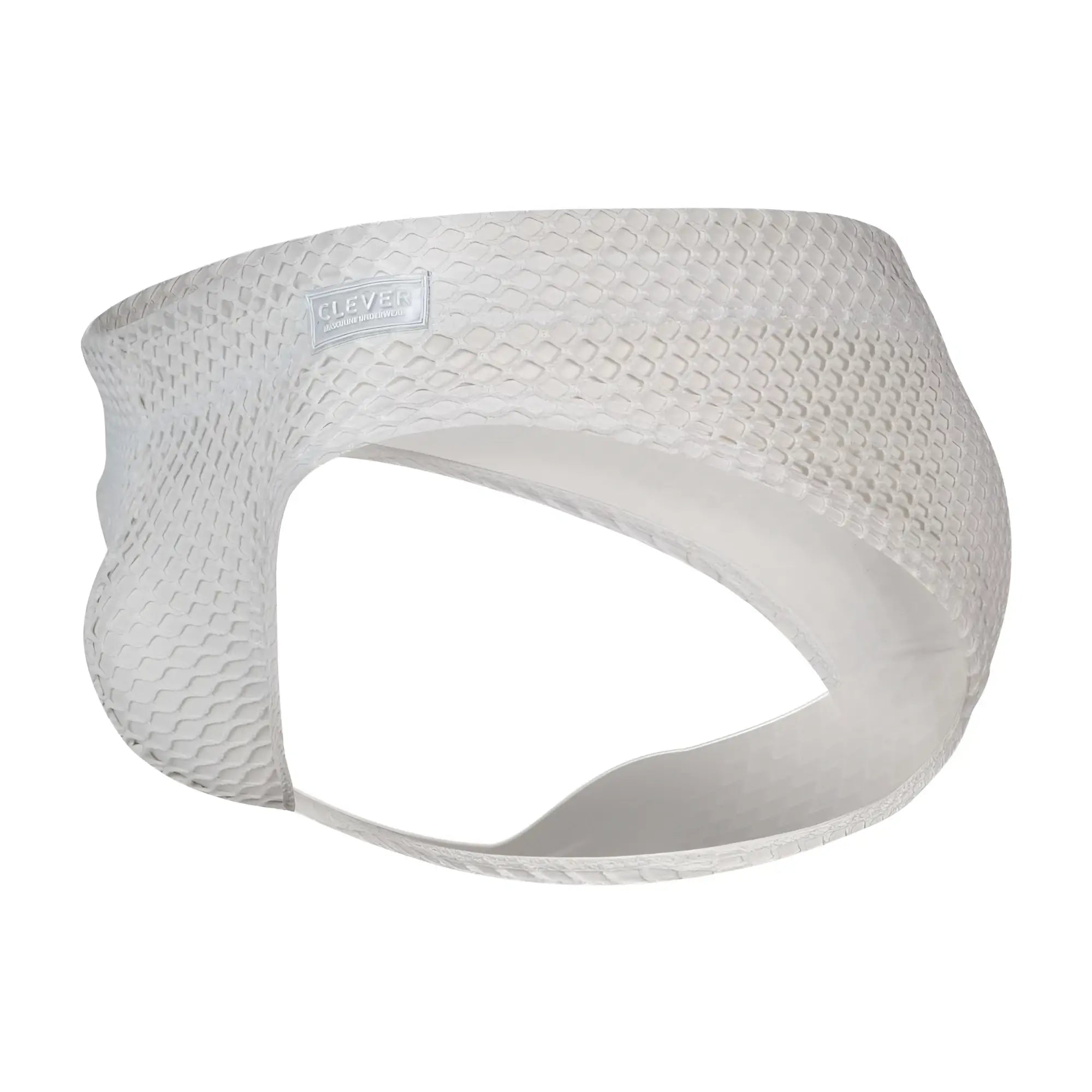 White clever 1743 island swim briefs with breathable white mesh fabric and subtle brand label visible on front side