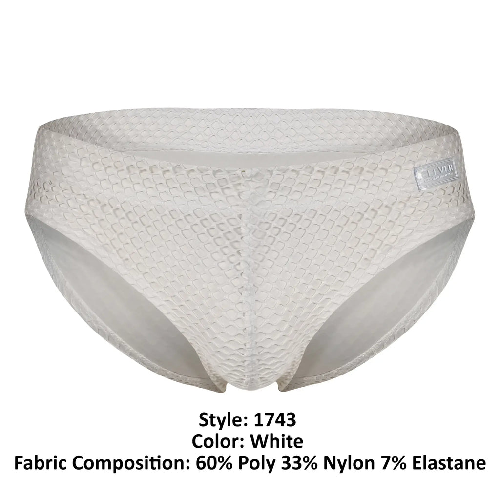 White clever 1743 island swim briefs featuring a textured diamond-patterned weave and sleek modern design