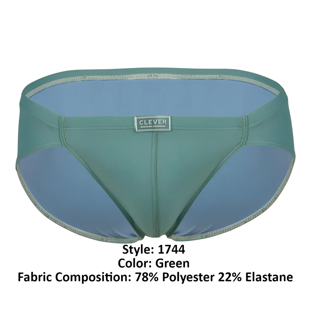 Green clever 1744 spring briefs with two-tone teal and light blue fabric accented by silver trim along the edges