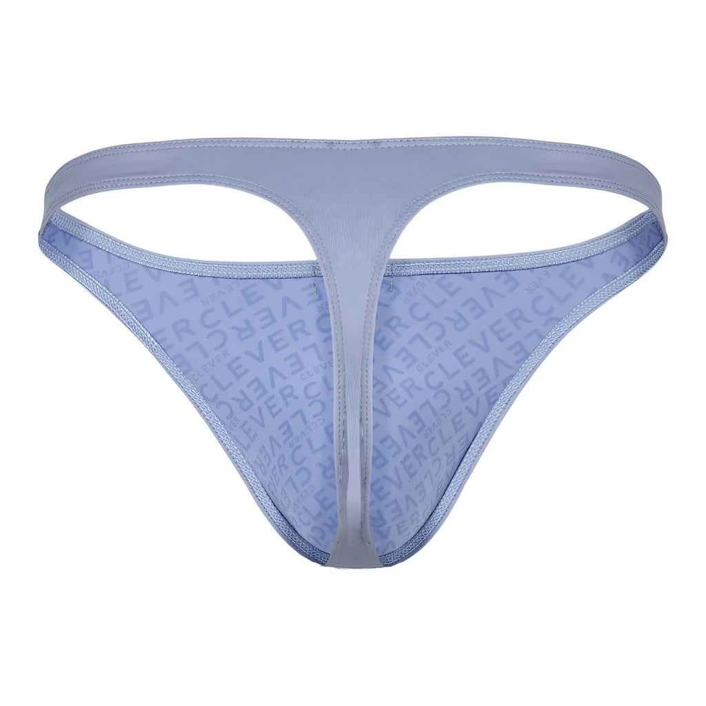 Light blue clever 1745 optimo thong with subtle repeating logo pattern on fabric front side