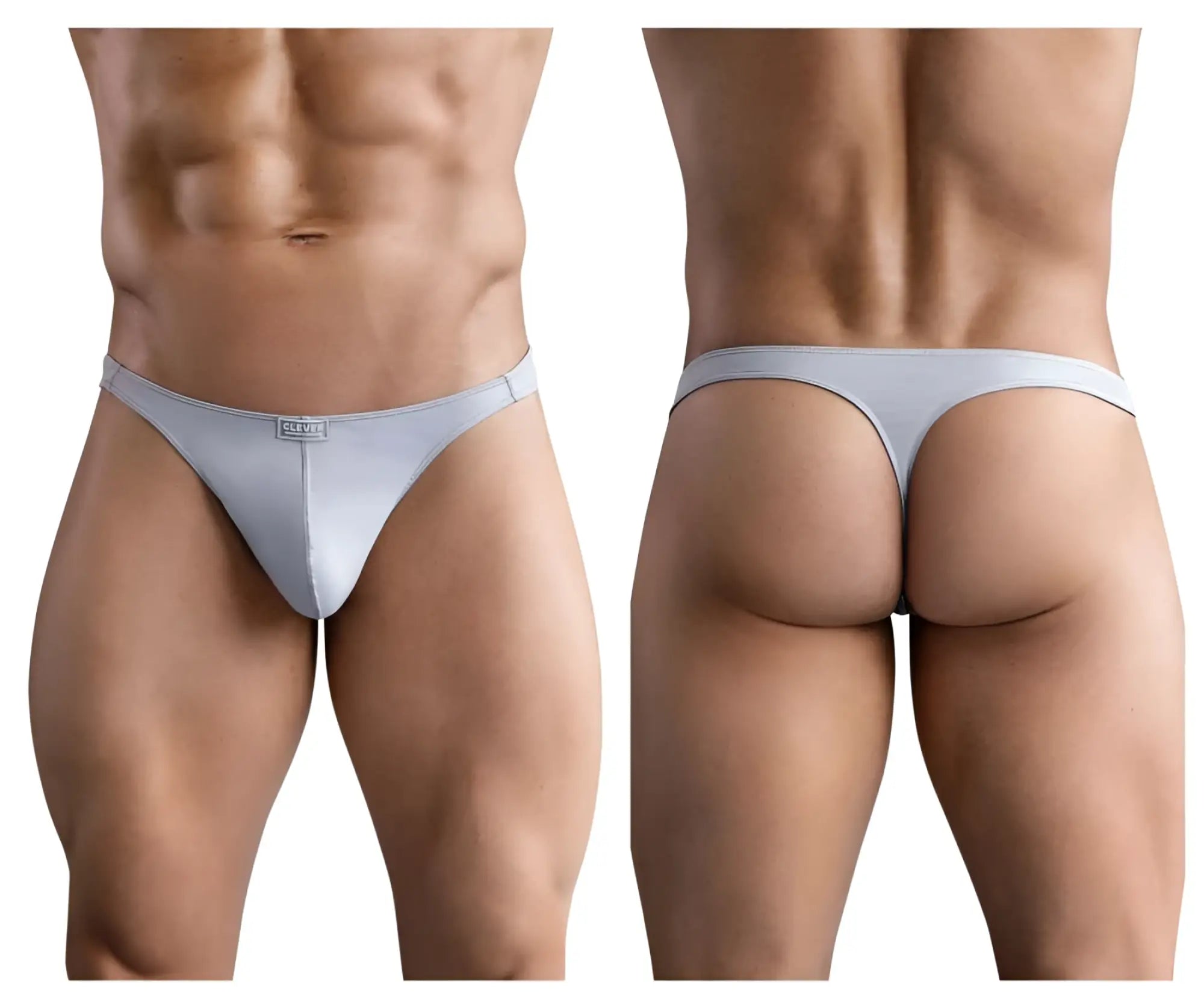 Light gray seamless thong with a subtle brand tag at the front from Clever 1745 Optimo Thongs collection