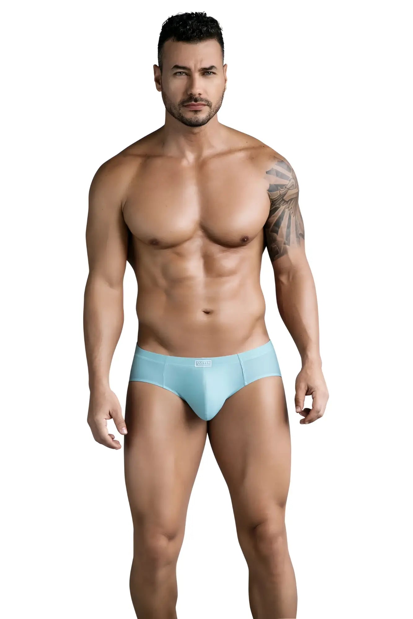 Light blue men’s briefs with subtle clever brand logo on waistband designed for comfort and support