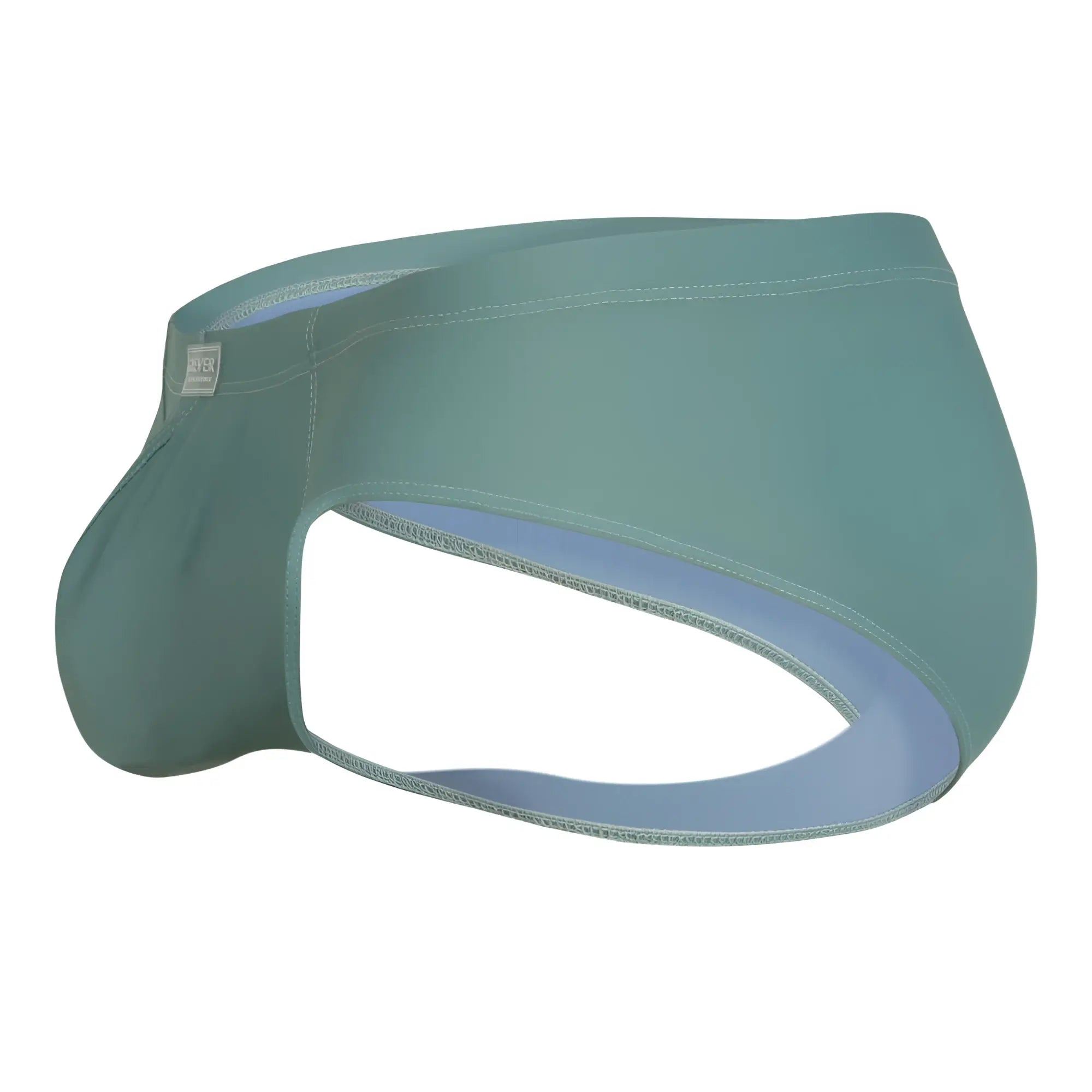 Teal form-fitting men’s briefs with smooth fabric exterior and light blue lining from Clever 1746 Pastel Briefs Green