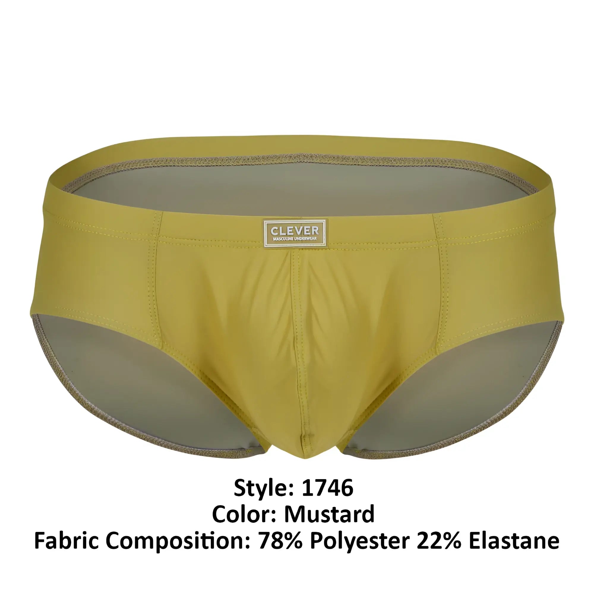 Mustard-colored clever 1746 pastel briefs made from 78% polyester and 22% elastane for comfortable wear