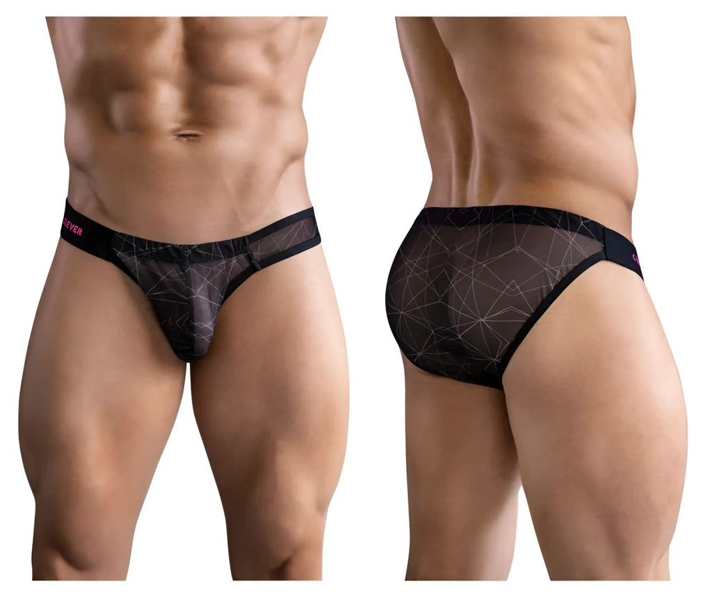 Black mesh briefs with geometric pattern and pink clever branding on waistband from clever 1747 geometric bikini