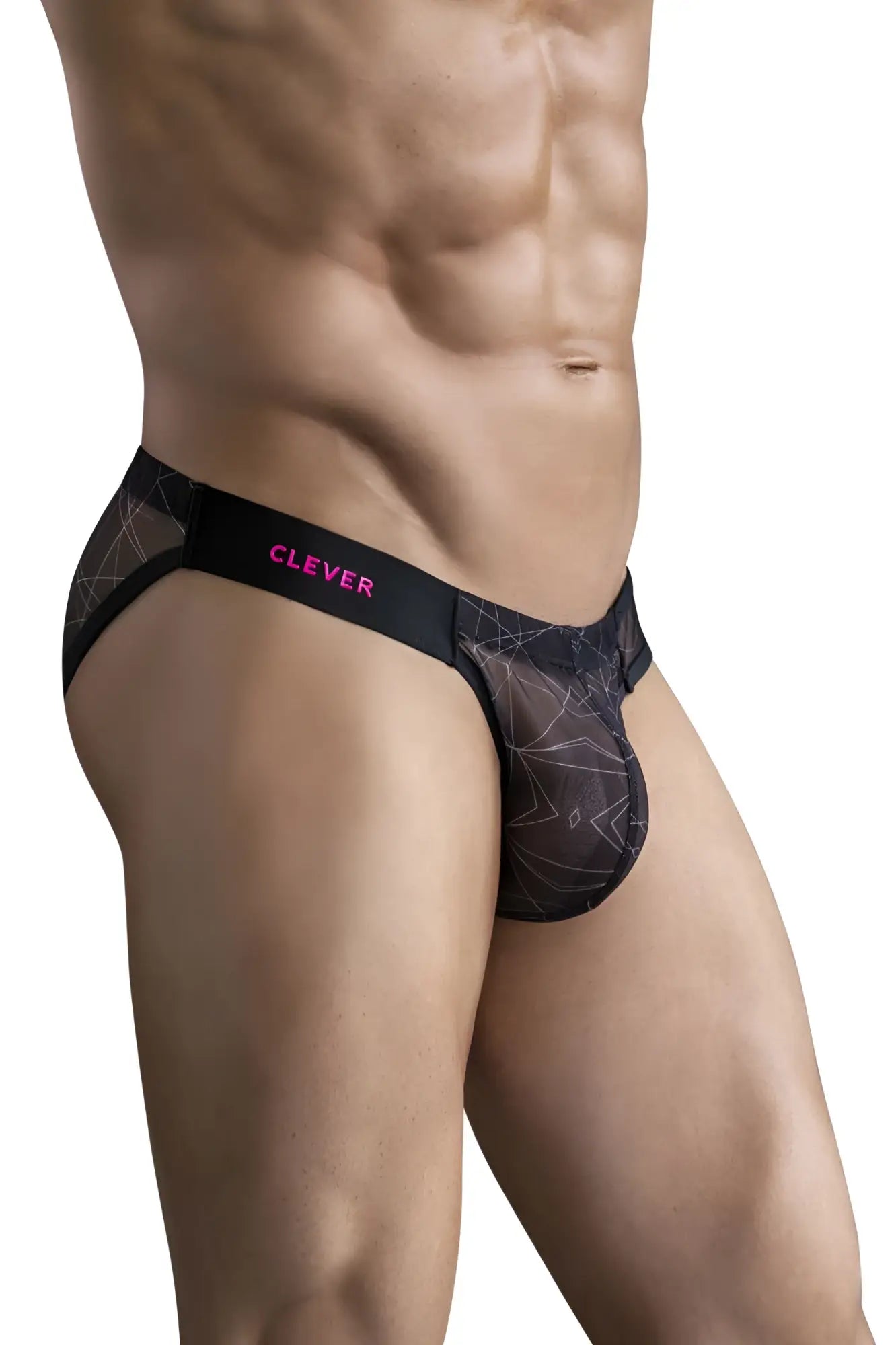 Black mesh briefs with a geometric pattern and pink Clever branding on the waistband in Clever 1747 geometric bikini color black