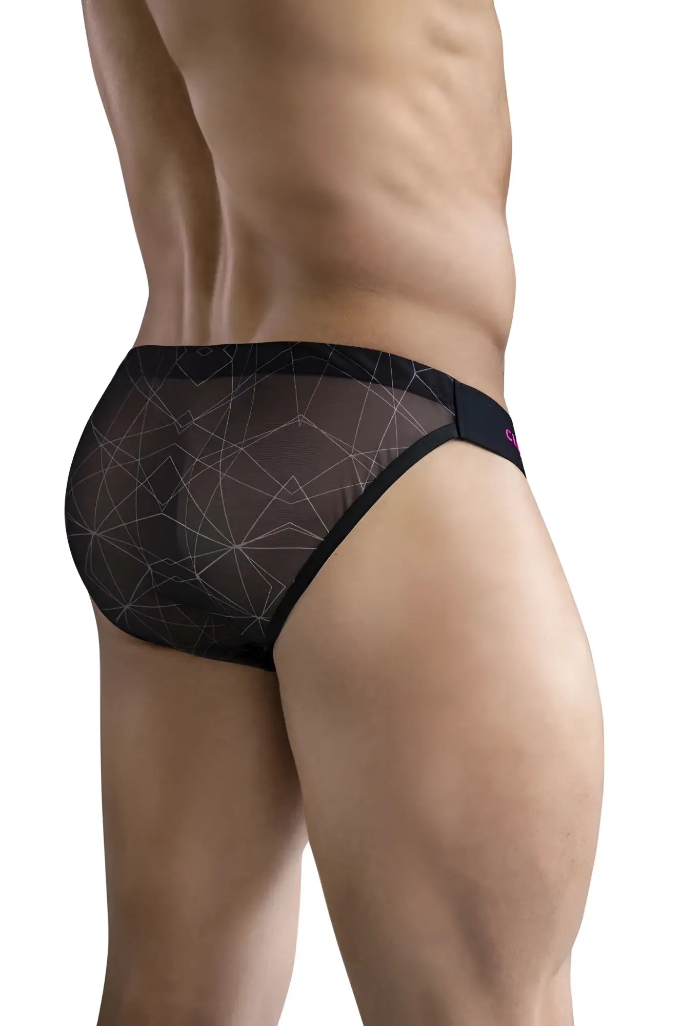 Black mesh clever 1747 geometric bikini briefs with a geometric pattern and pink logo on the waistband
