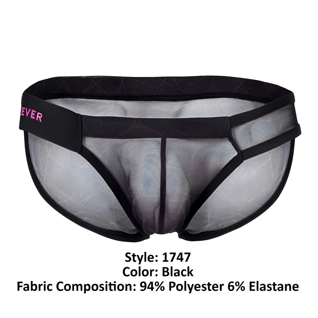 Black mesh briefs with solid black waistband and pink ever branding from clever 1747 geometric bikini color black
