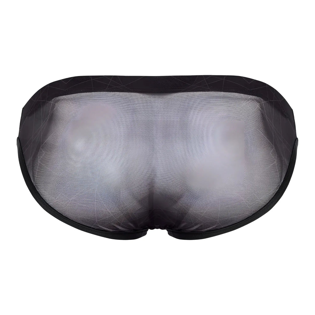 Black clever 1747 geometric bikini briefs with subtle mesh material and geometric waistband pattern front view