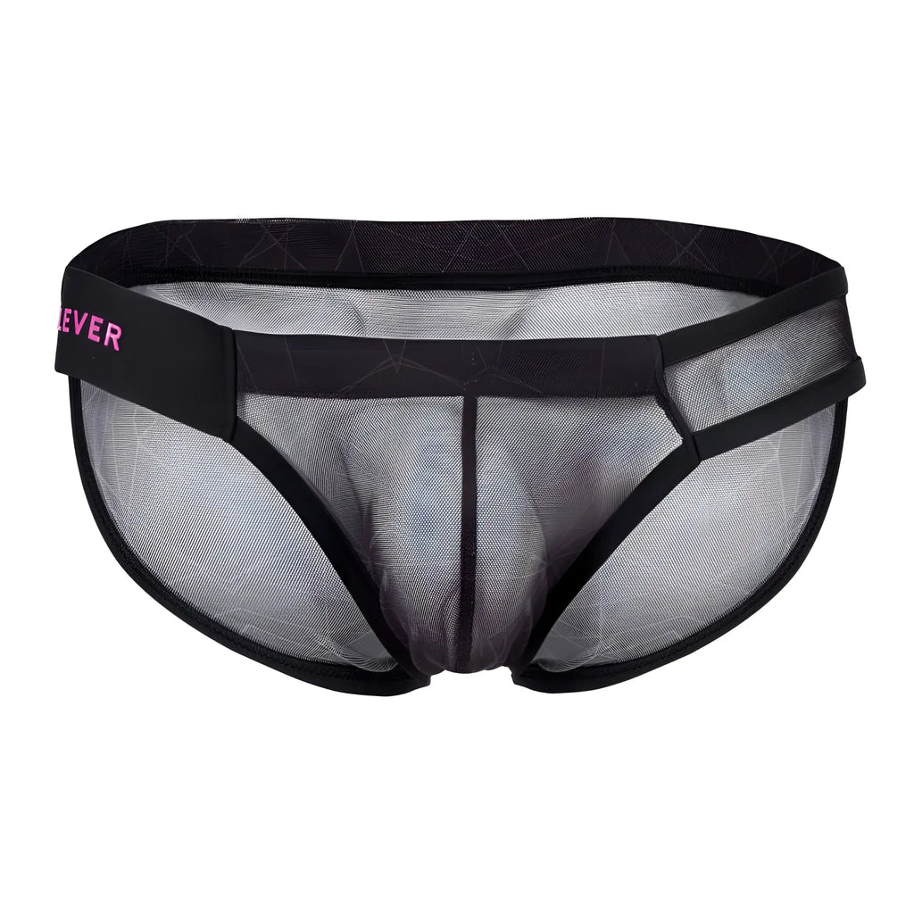 Black mesh briefs with subtle geometric pattern and pink ever branding on waistband from clever 1747 bikini collection
