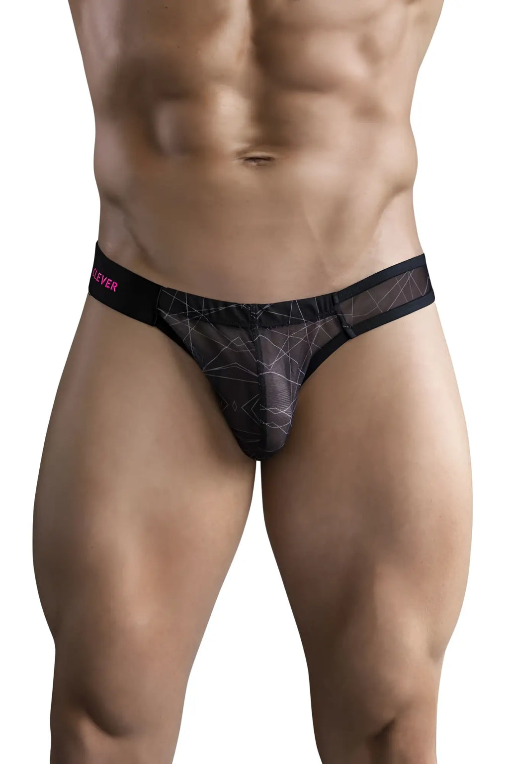 Black mesh thong with geometric pattern and pink clever branding on waistband from clever 1747 geometric bikini