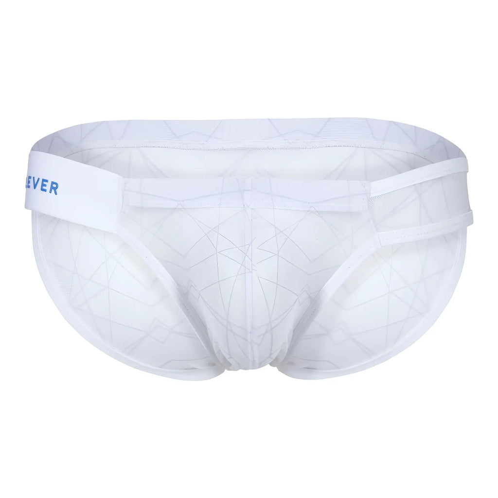 White mesh geometric bikini briefs with blue ever logo on waistband from clever 1747 collection