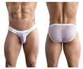 White sheer mesh briefs with geometric pattern and white elastic waistband featuring clever logo in blue