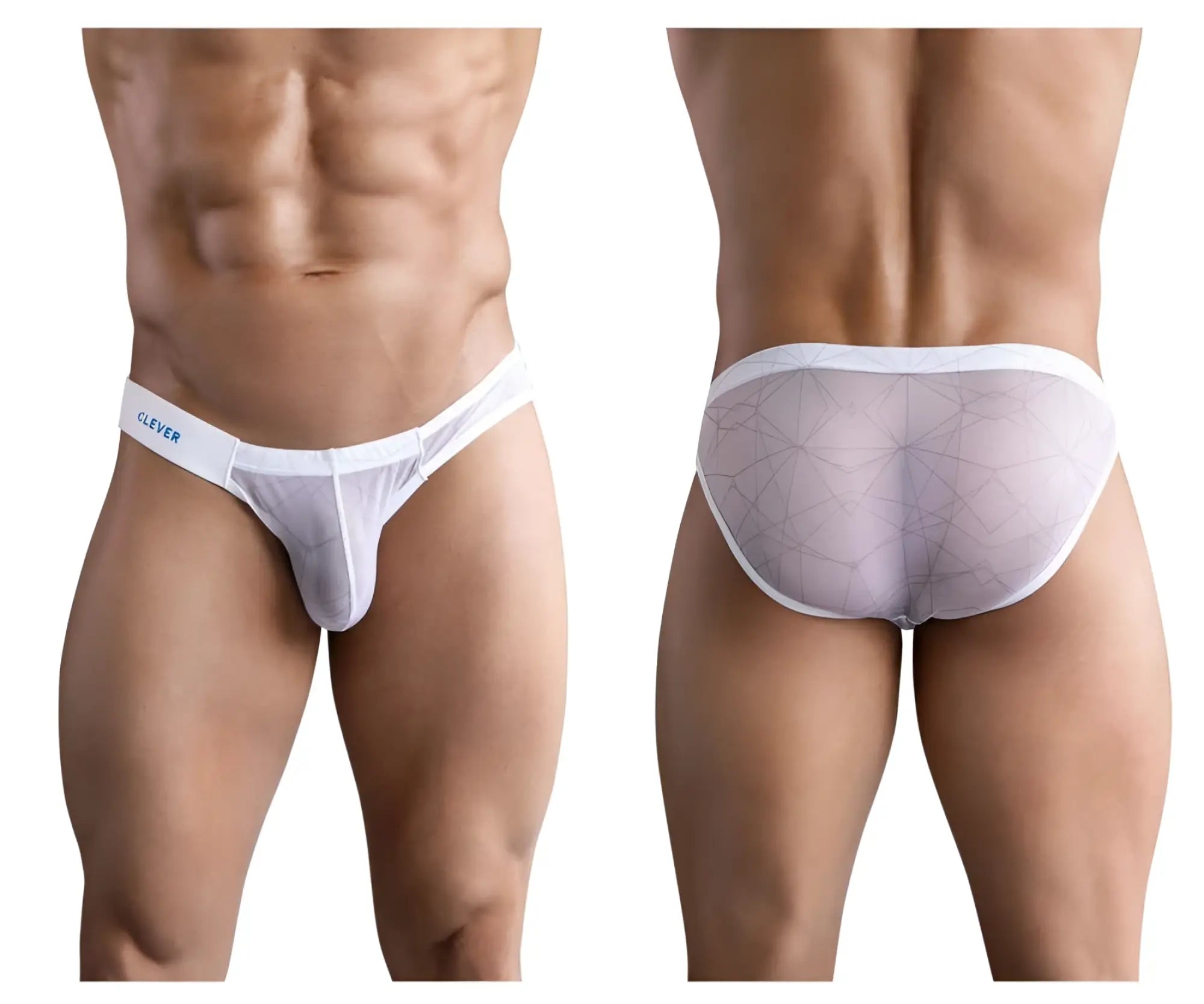 White sheer mesh briefs with geometric pattern and white elastic waistband featuring clever logo in blue