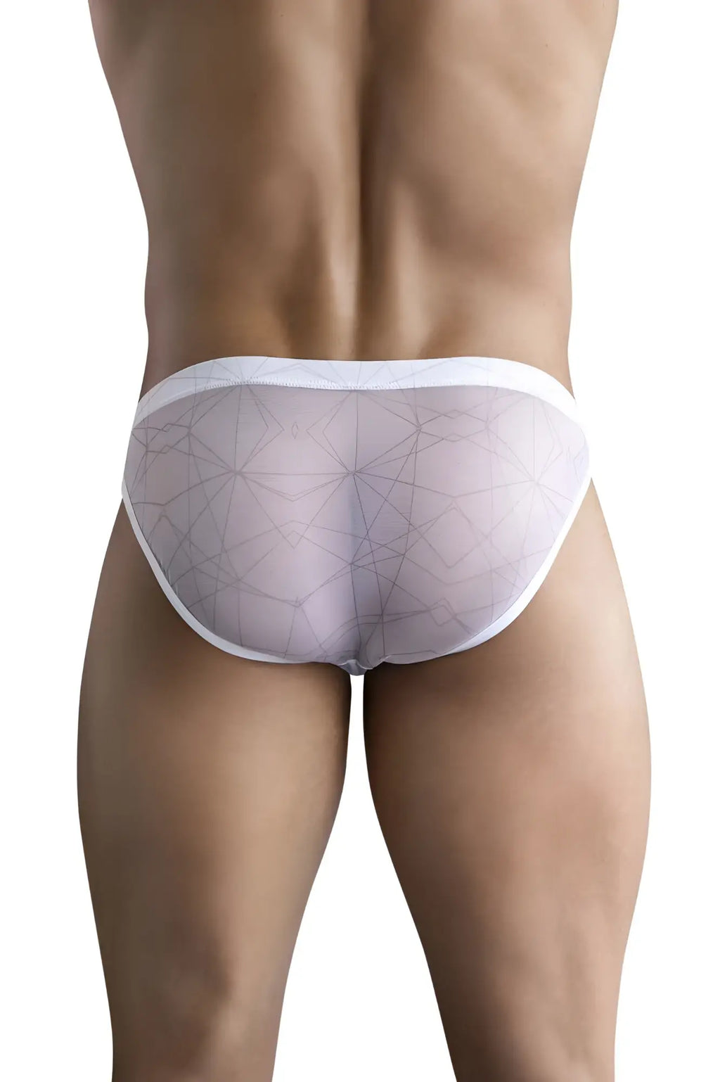 White sheer mesh briefs with geometric pattern and white trim clever 1747 geometric bikini color white front view