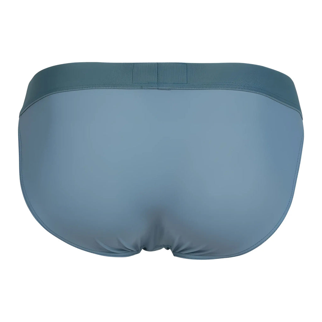 A sleek solid teal eco bikini with smooth fabric and elastic waistband from clever 1749 collection