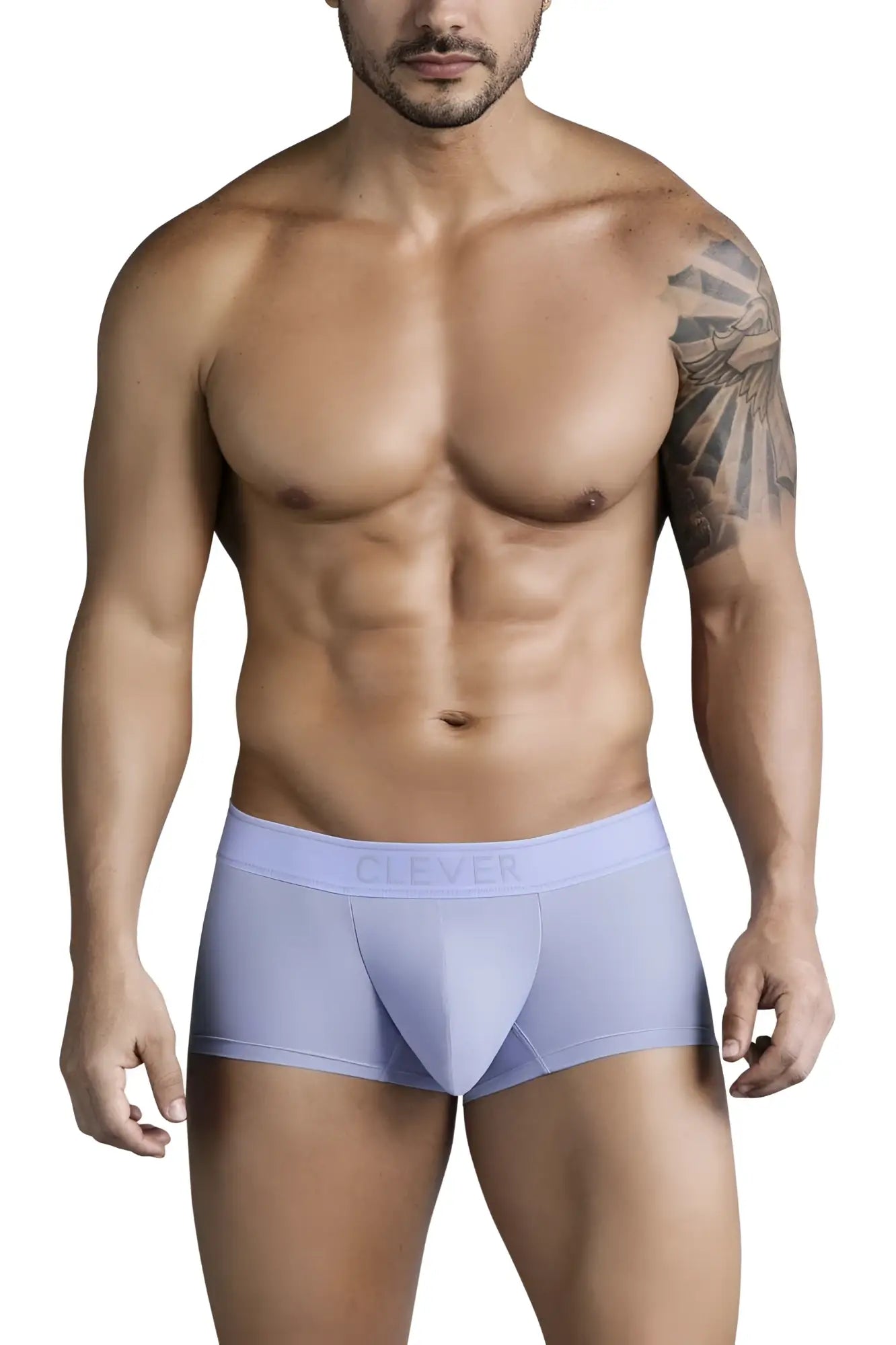 Light blue men’s boxer briefs with contoured design and clever embroidered waistband in craftiness trunks style