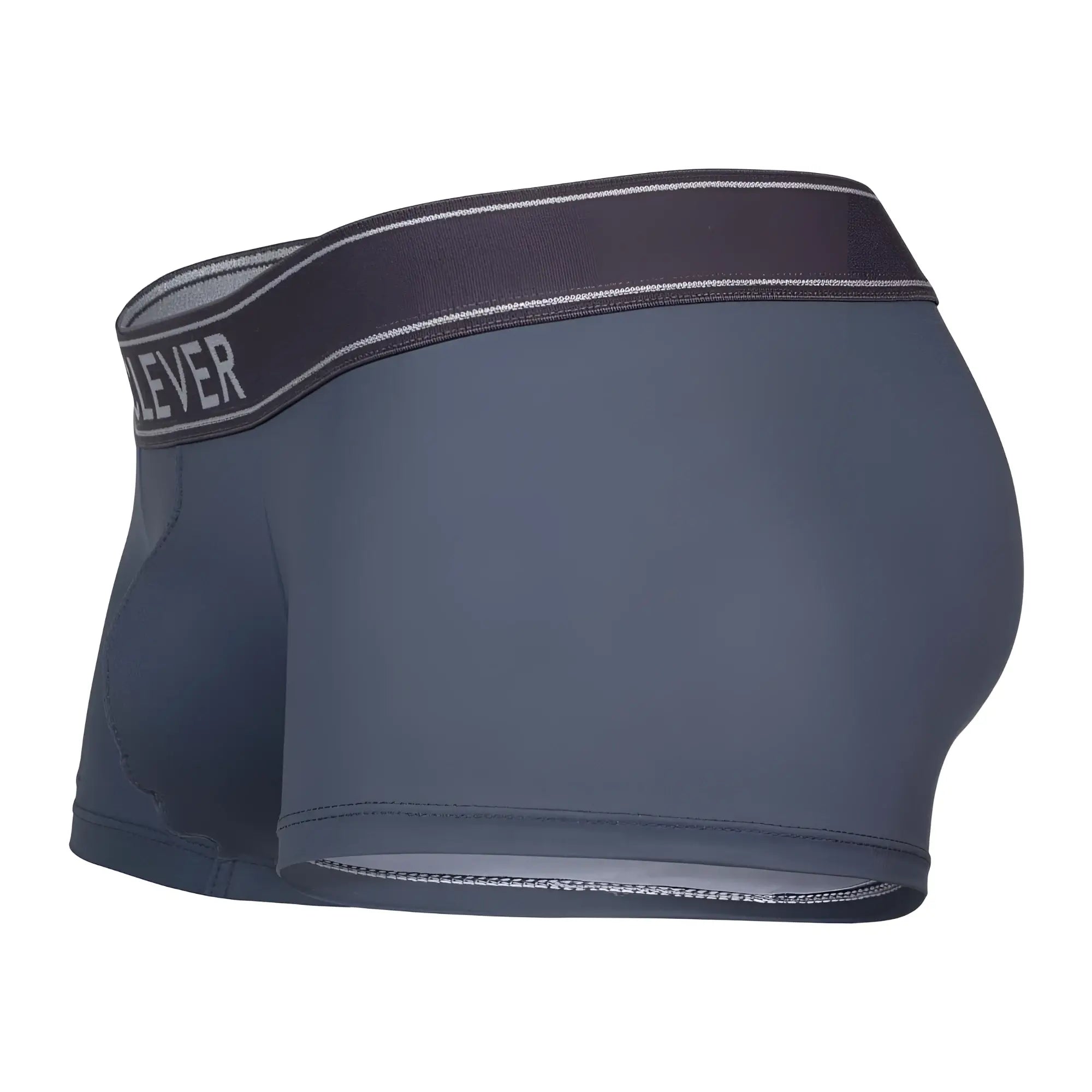 Dark gray form-fitting boxer briefs with matching elastic waistband featuring lever brand name in white lettering