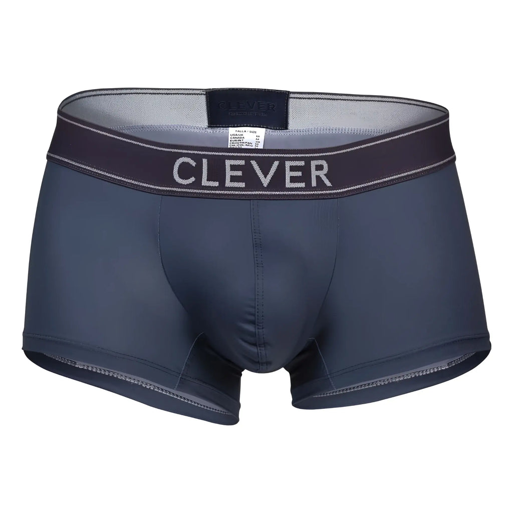 Dark gray clever 1751 craftiness trunks men’s boxer briefs with matching waistband and white brand name lettering