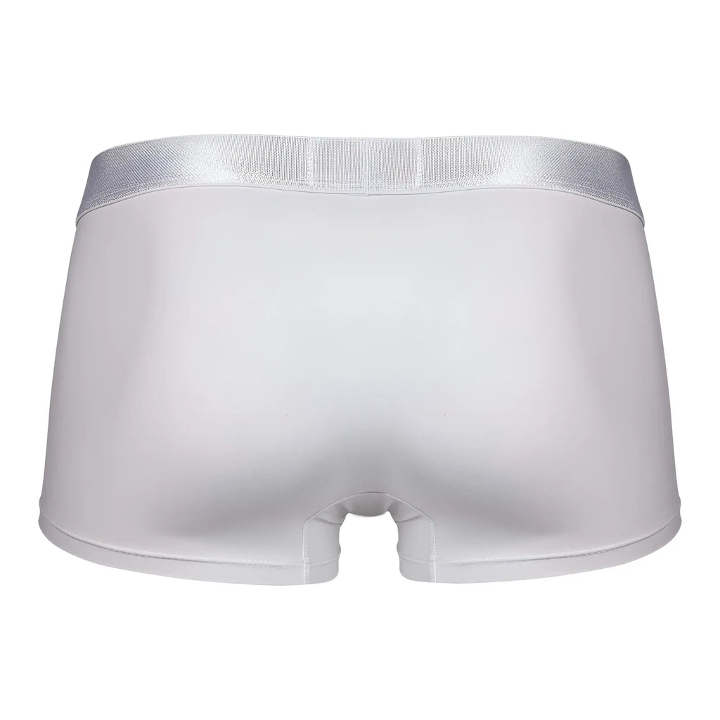 White boxer briefs clever 1752 victor trunks with shiny silver waistband in white fabric front view