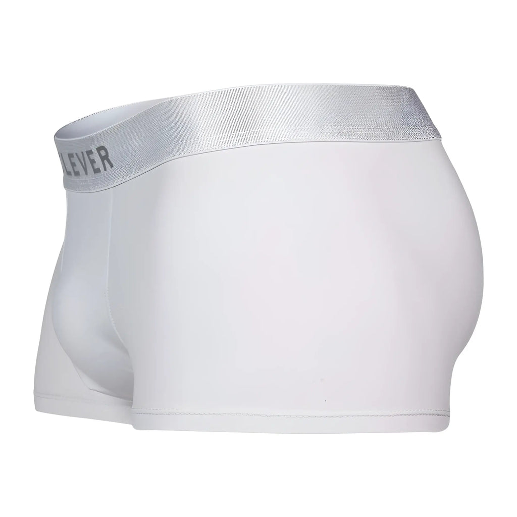 White boxer briefs clever 1752 victor trunks with silver elastic waistband featuring lever branding