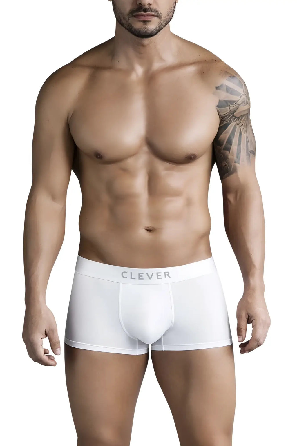 White clever 1752 victor trunks boxer briefs with subtle clever brand logo on the waistband in white color