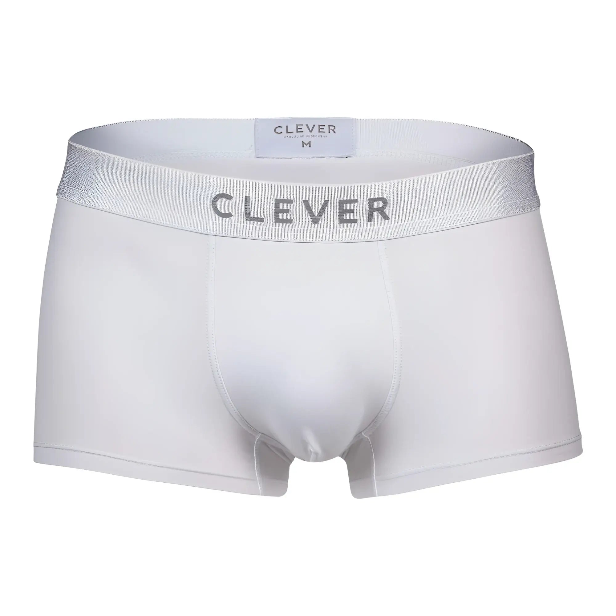 White clever mens briefs with silver elastic waistband featuring clever branding in metallic lettering color white