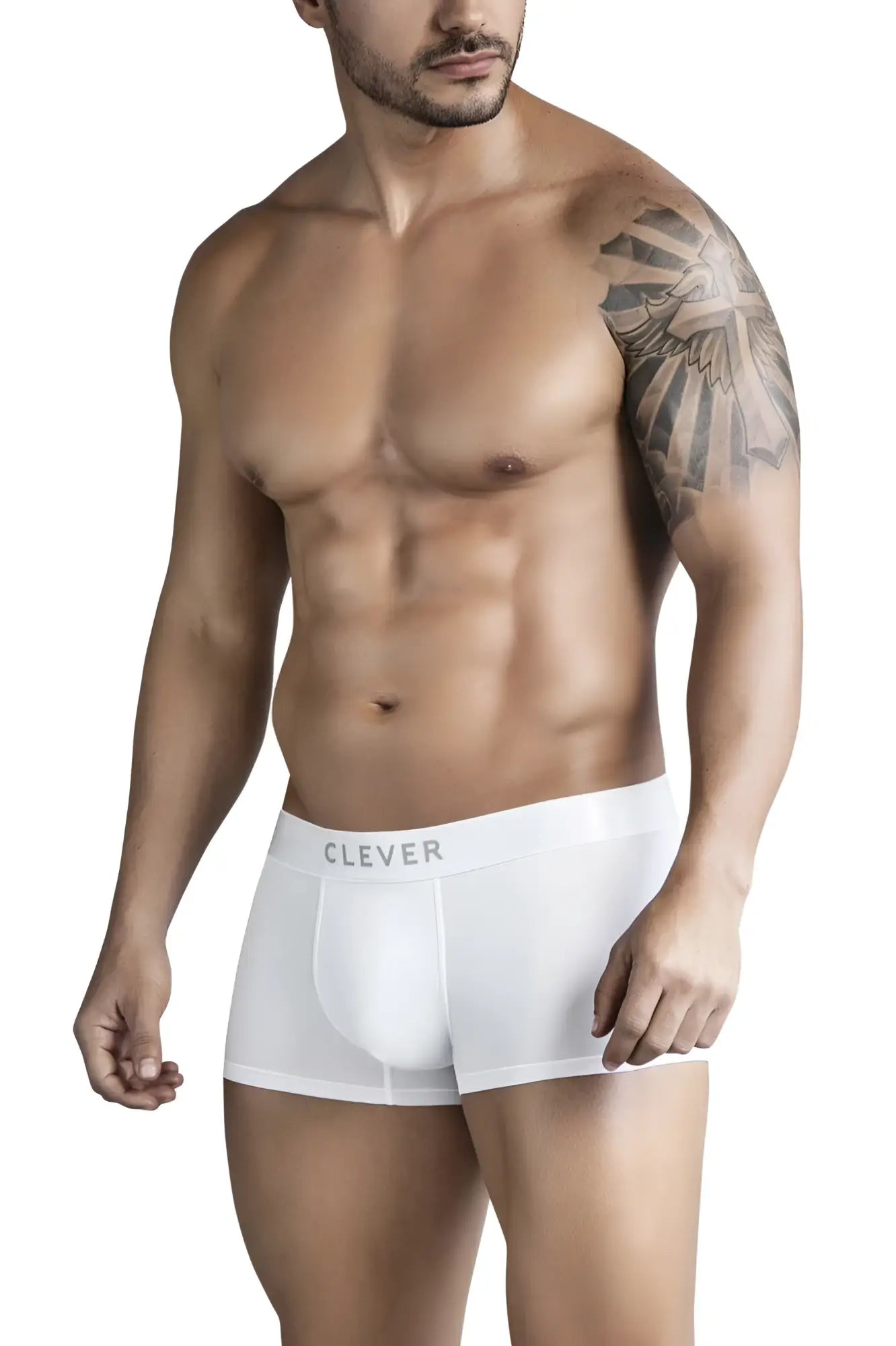 White clever 1752 victor trunks with smooth form-fitting design and gray clever logo on the waistband