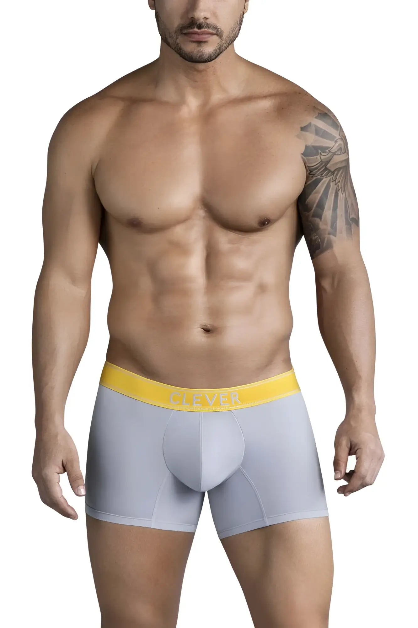 Gray clever 1755 diseño trunks with a bright yellow elastic waistband featuring the brand name in bold letters