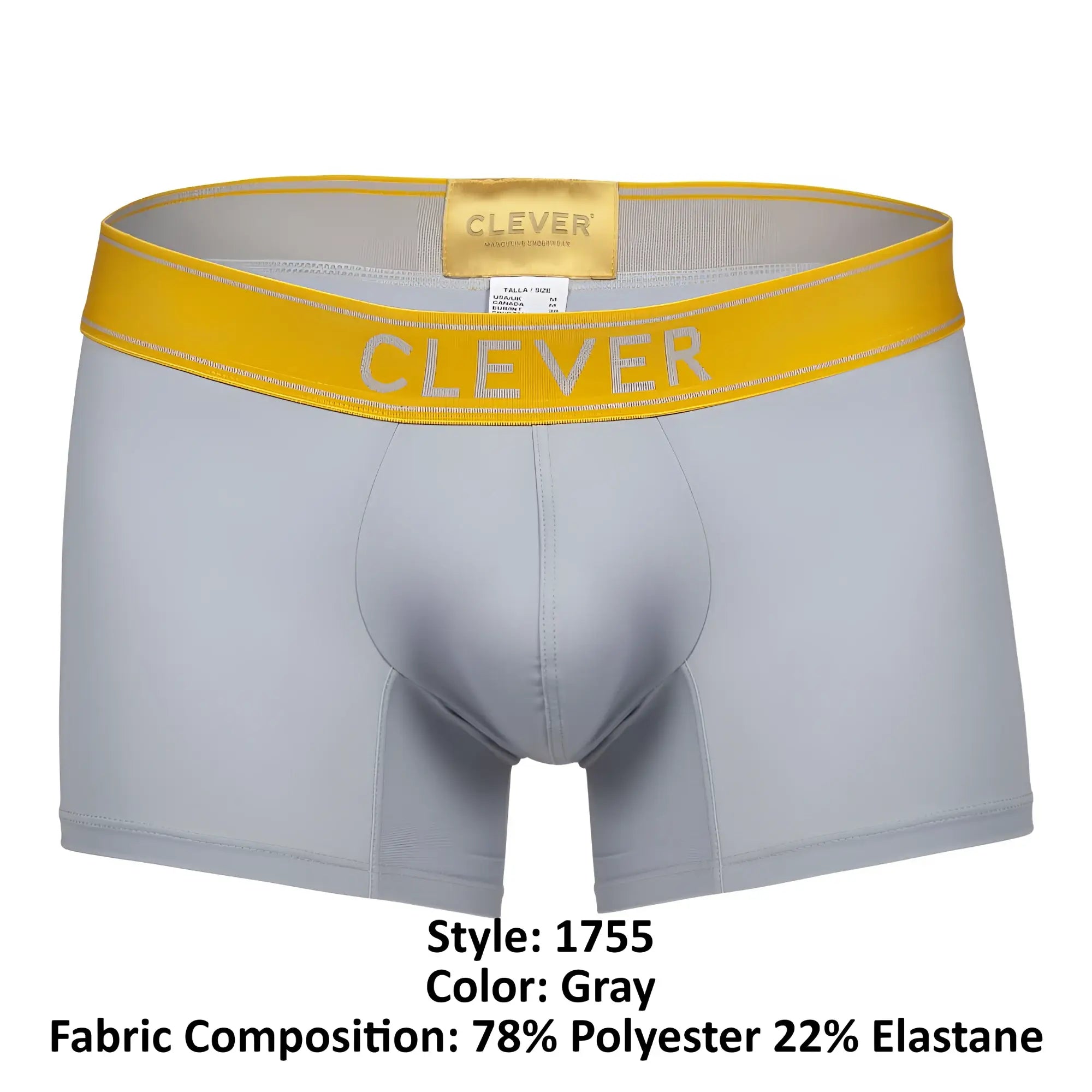 Gray clever 1755 diseño trunks featuring bright yellow waistband with clever brand name in white lettering