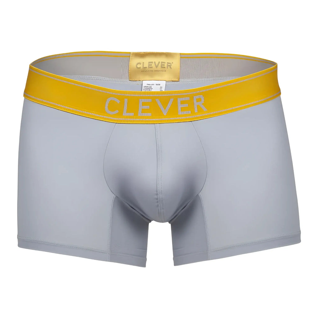 Gray boxer briefs with bright yellow waistband featuring clever brand name in white from clever 1755 diseno trunks