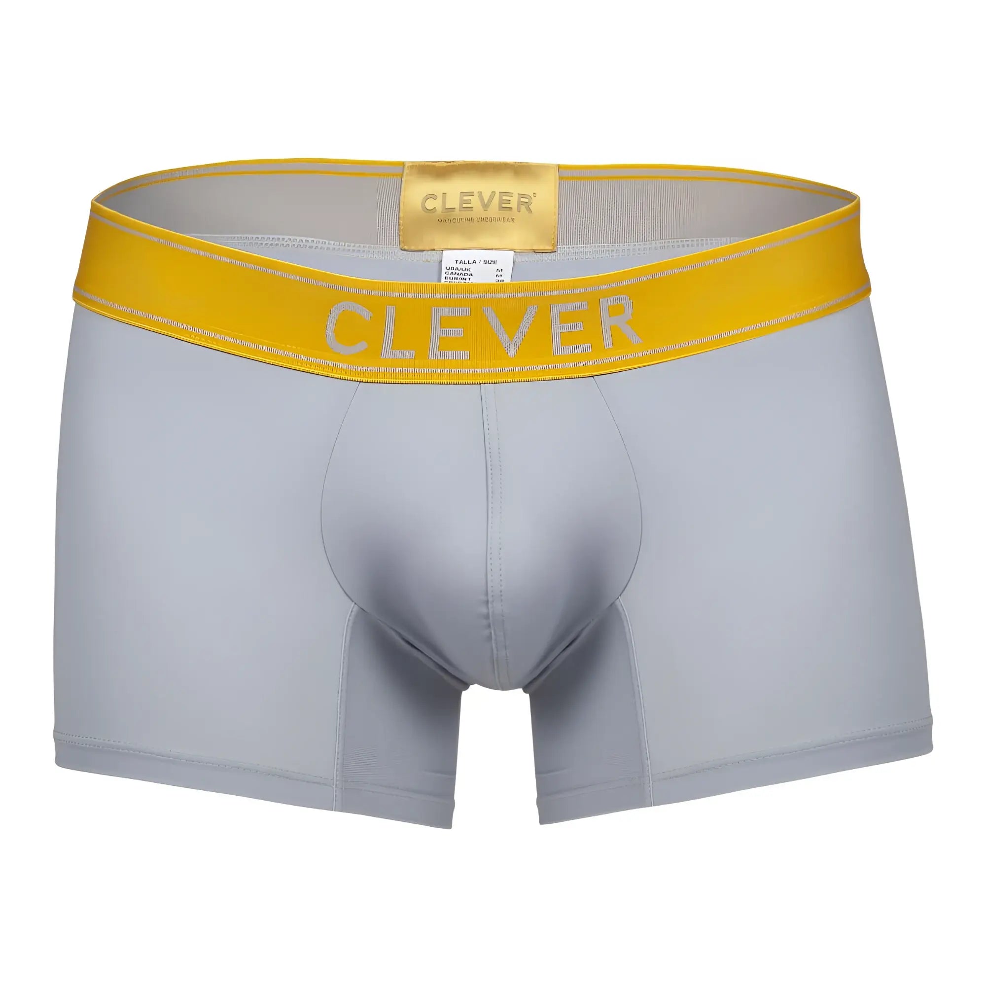 Gray boxer briefs with bright yellow waistband featuring clever brand name in white from clever 1755 diseno trunks