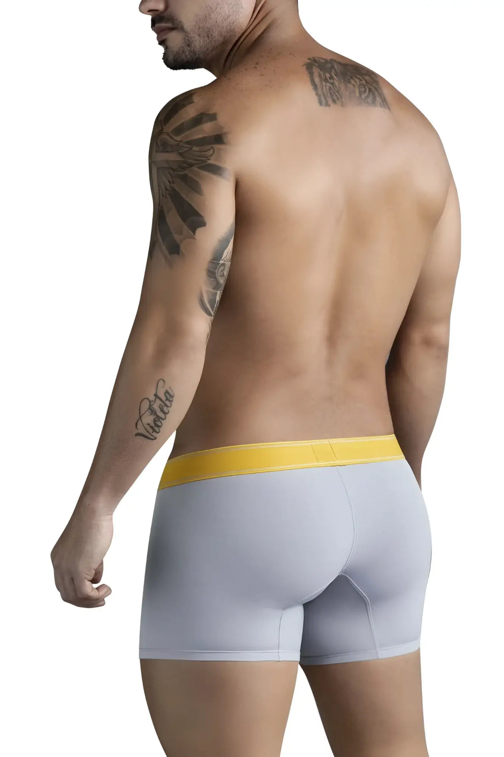 Light gray clever 1755 diseno trunks boxer briefs with a bold yellow waistband in front view