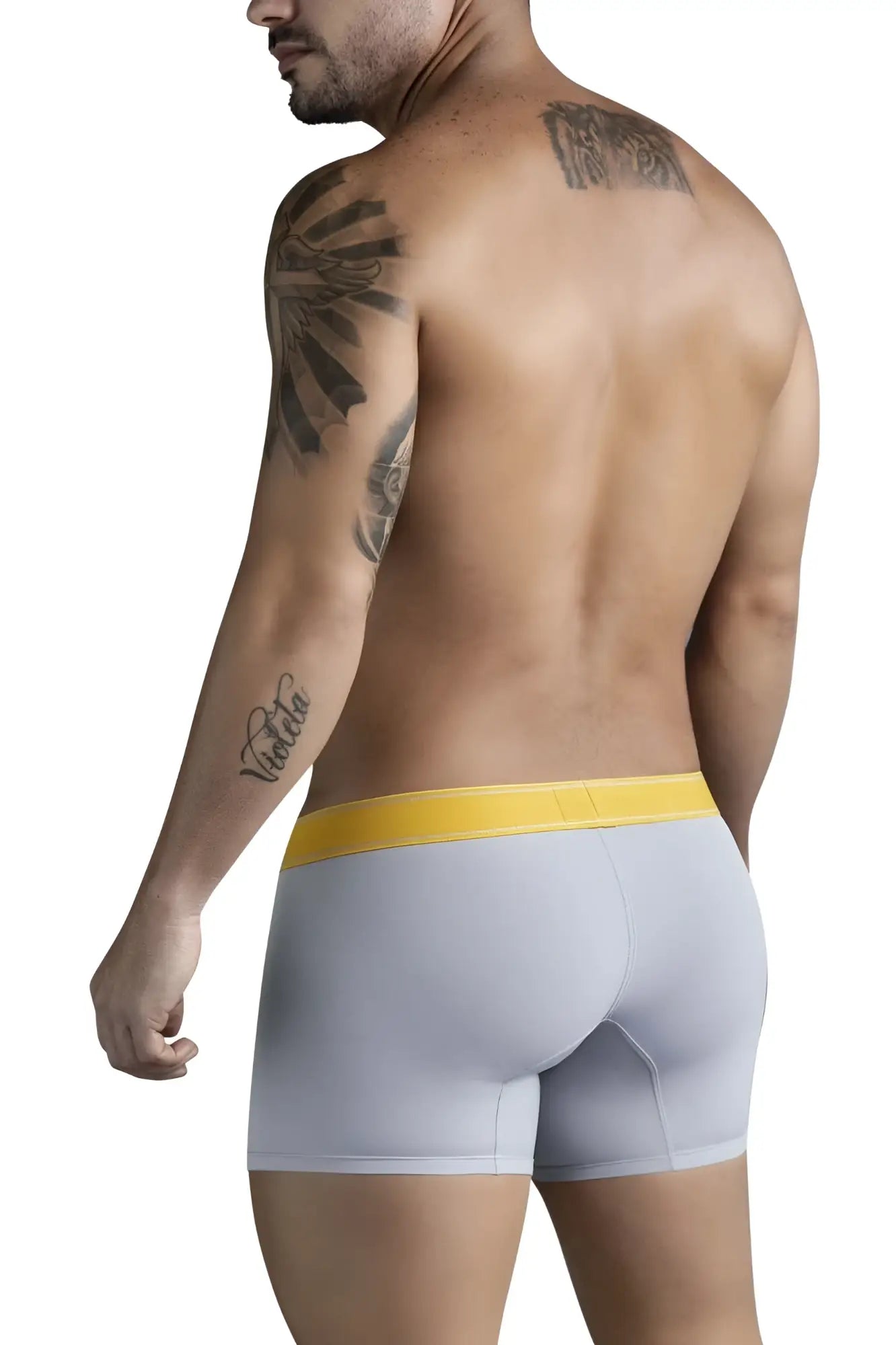 Light gray clever 1755 diseno trunks boxer briefs with a bold yellow waistband in front view