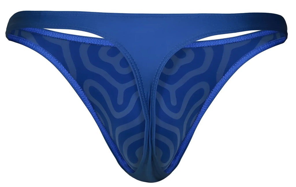 Blue clever 1773 cactus thong with sheer patterned mesh design and solid fabric trim shows front view