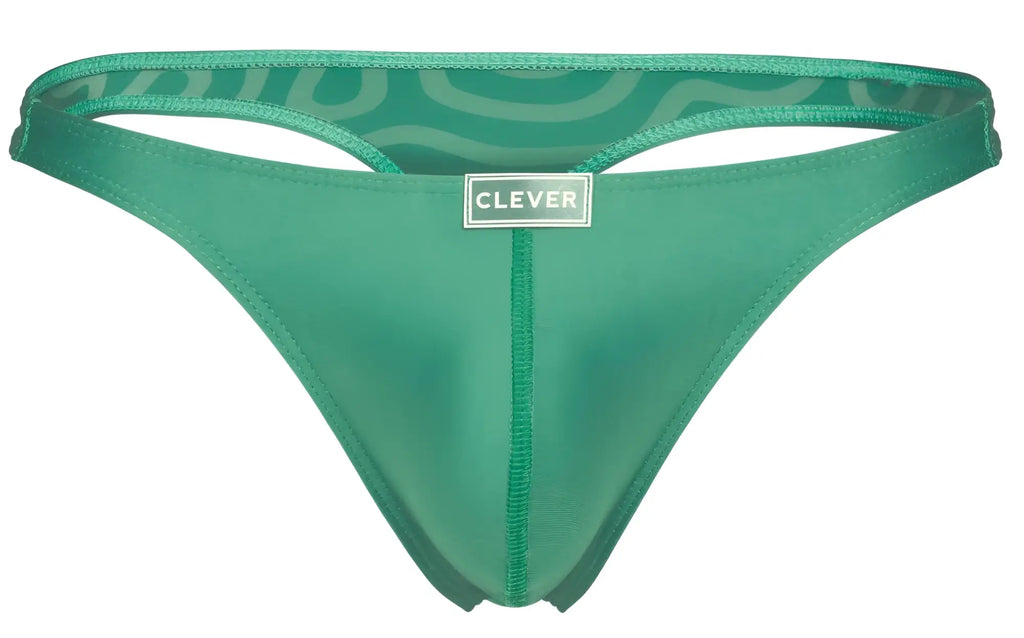 Emerald green clever 1773 cactus thong with sheer mesh sides solid fabric front and clever brand label visible