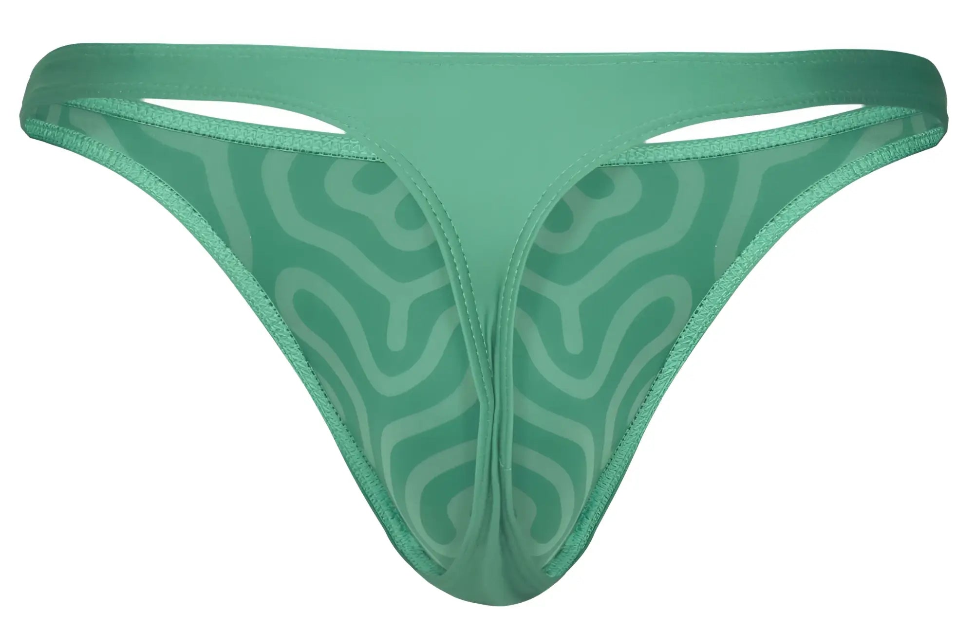 A teal clever 1773 cactus thong featuring a subtle swirling pattern and reinforced edge stitching visible from the back