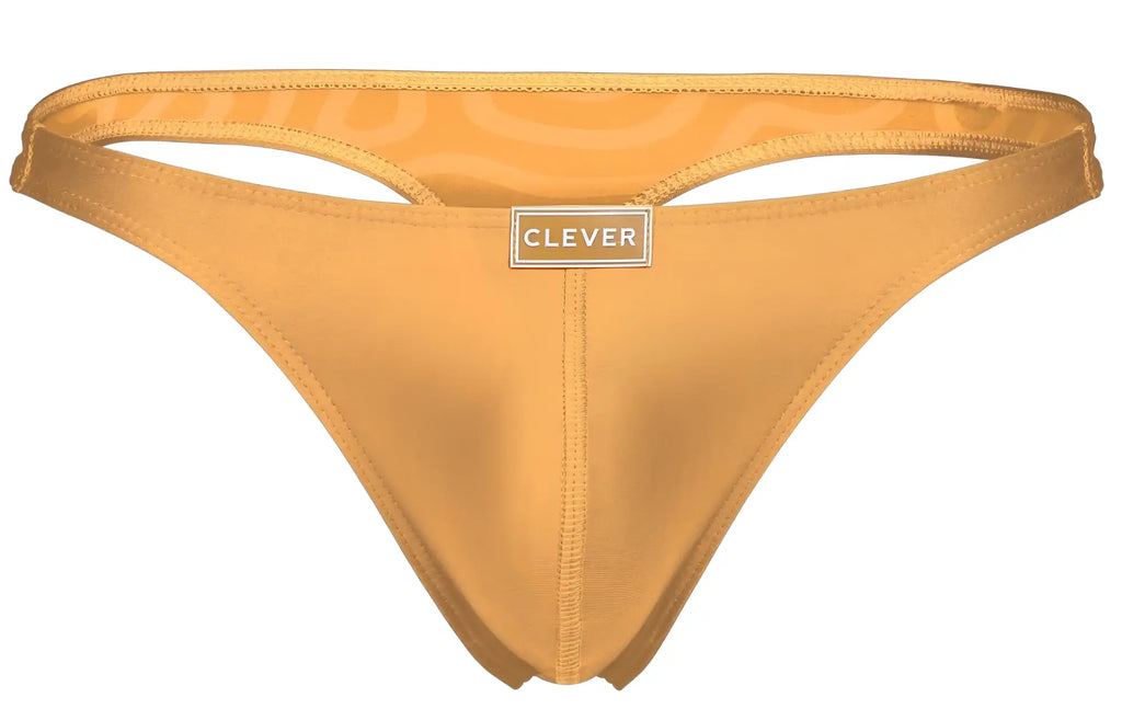 Golden-yellow satin thong with subtle pattern and clever brand label from clever 1773 cactus thongs color orange