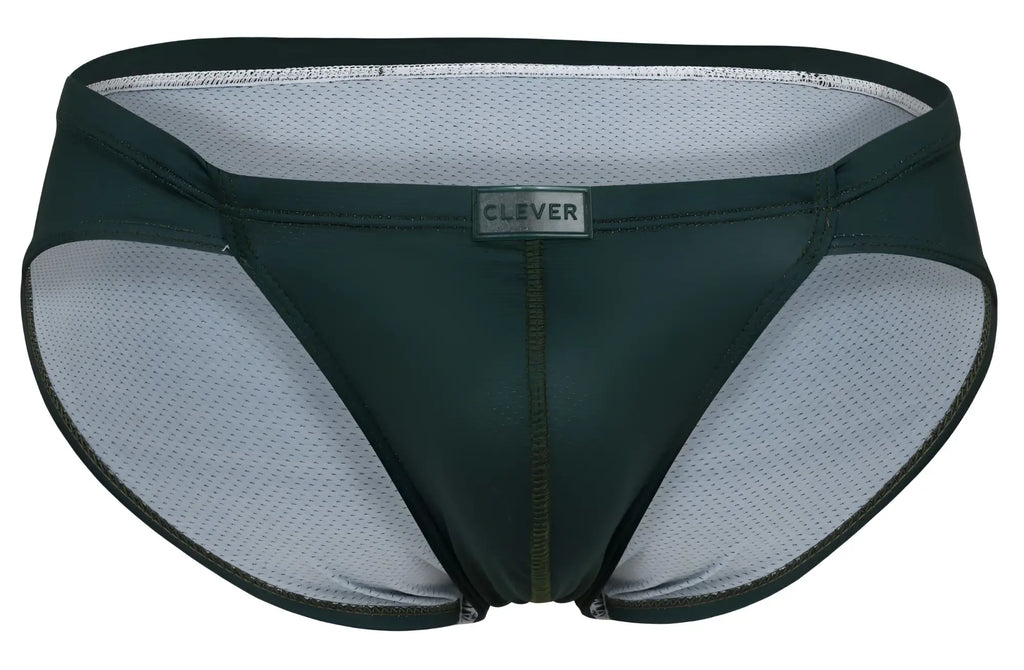 Dark green Clever 1775 Optimo briefs swim trunks with mesh lining and a Clever brand label visible on the front